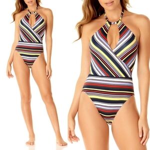 Anne Cole Sahara Stripe Halter Swimsuit Women's 14 Summercore Coconut Girl Beach